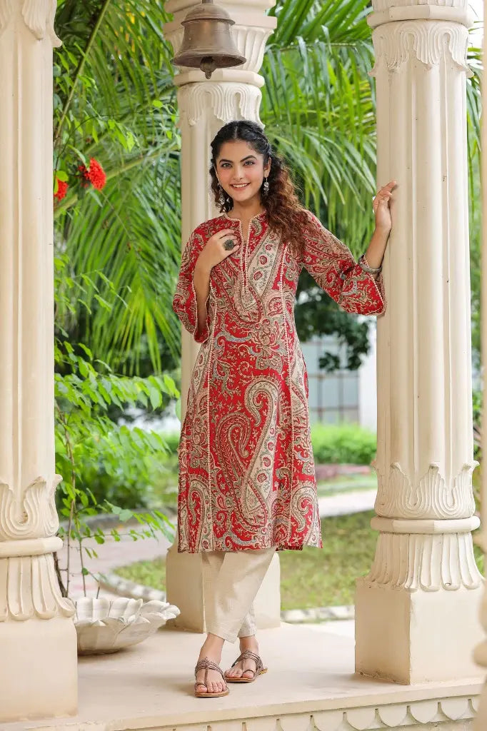 Red Paisley Prented Pure Cotton A-line Kurta