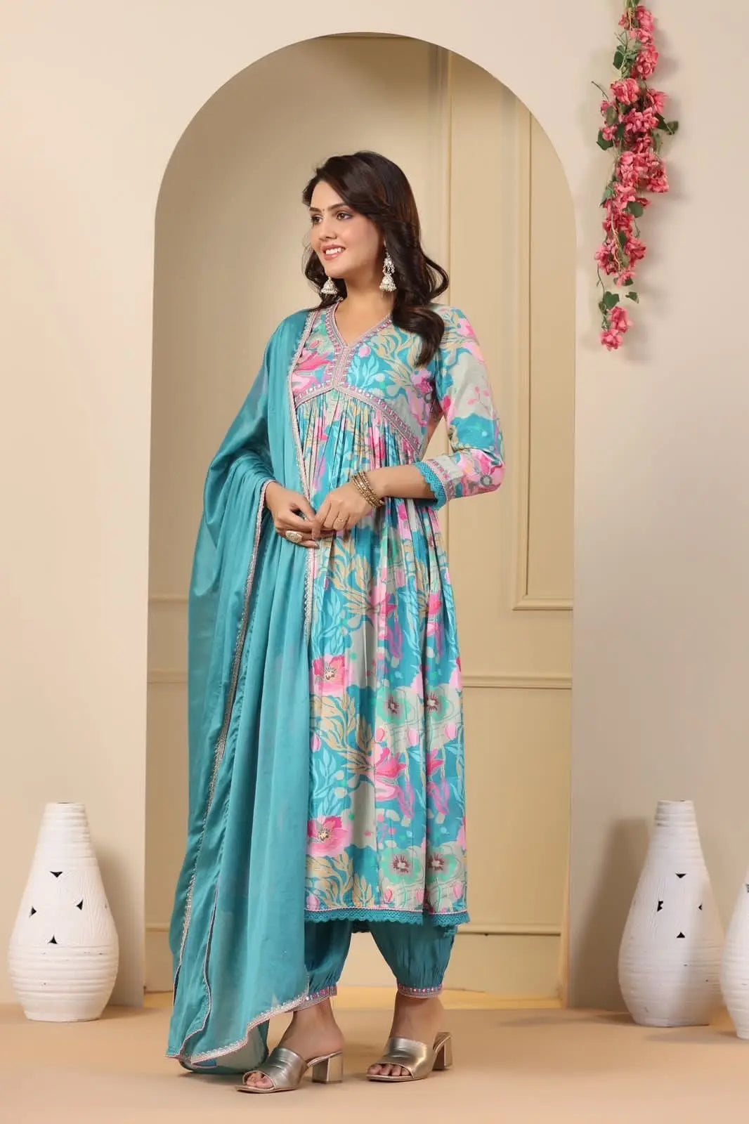 Muslin Alia Cut Zari Embroidery Digital Print work Kurti Pant Set (Stitched) - Premium  from Ethenika.com - Just INR 1990! Shop now at Ethenika.com 