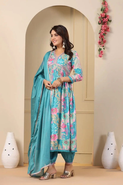 Muslin Alia Cut Zari Embroidery Digital Print work Kurti Pant Set (Stitched) - Premium  from Ethenika.com - Just INR 1990! Shop now at Ethenika.com 