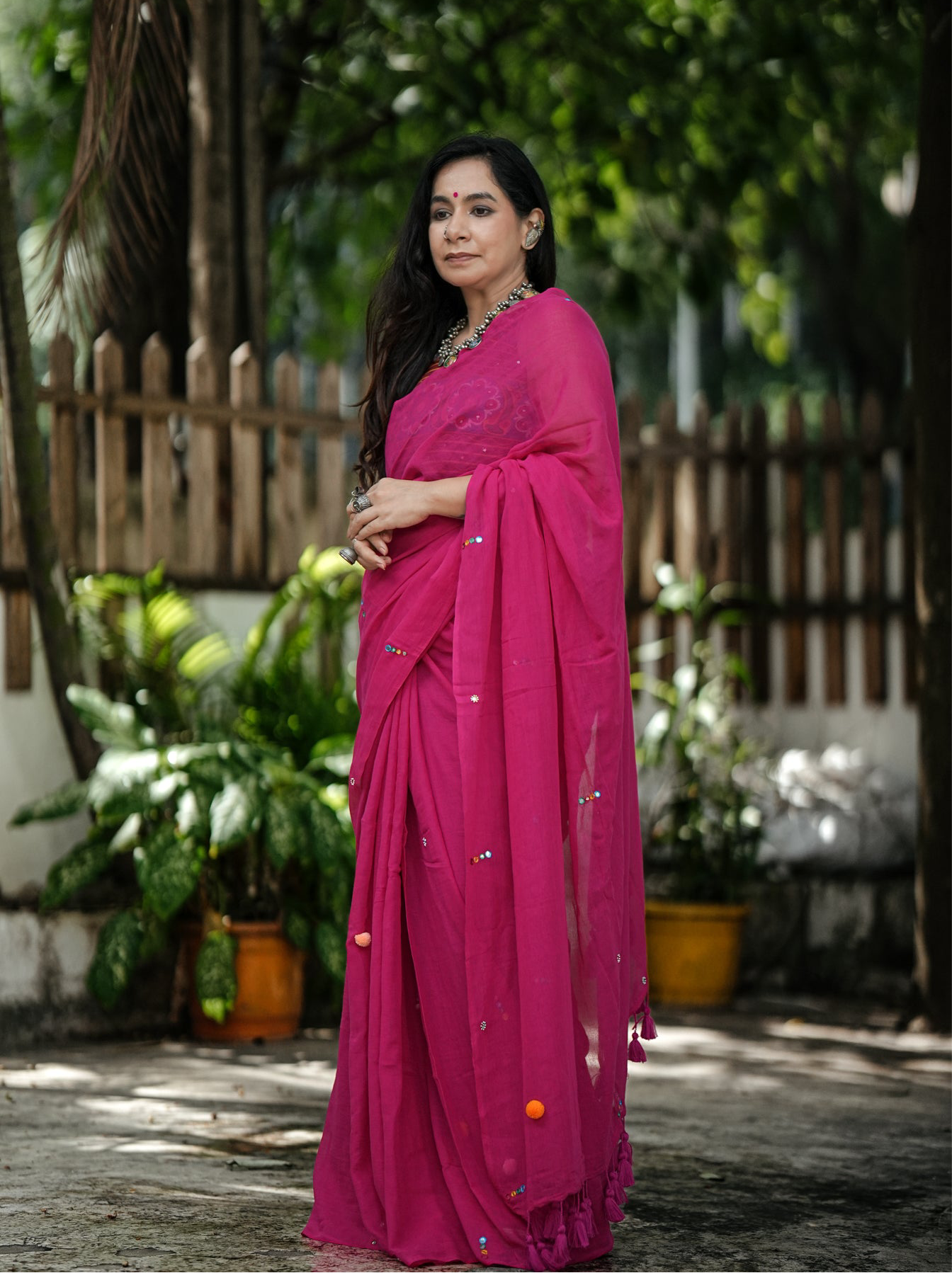 Mul Cotton Hand Mirror Work Pink Boho Saree