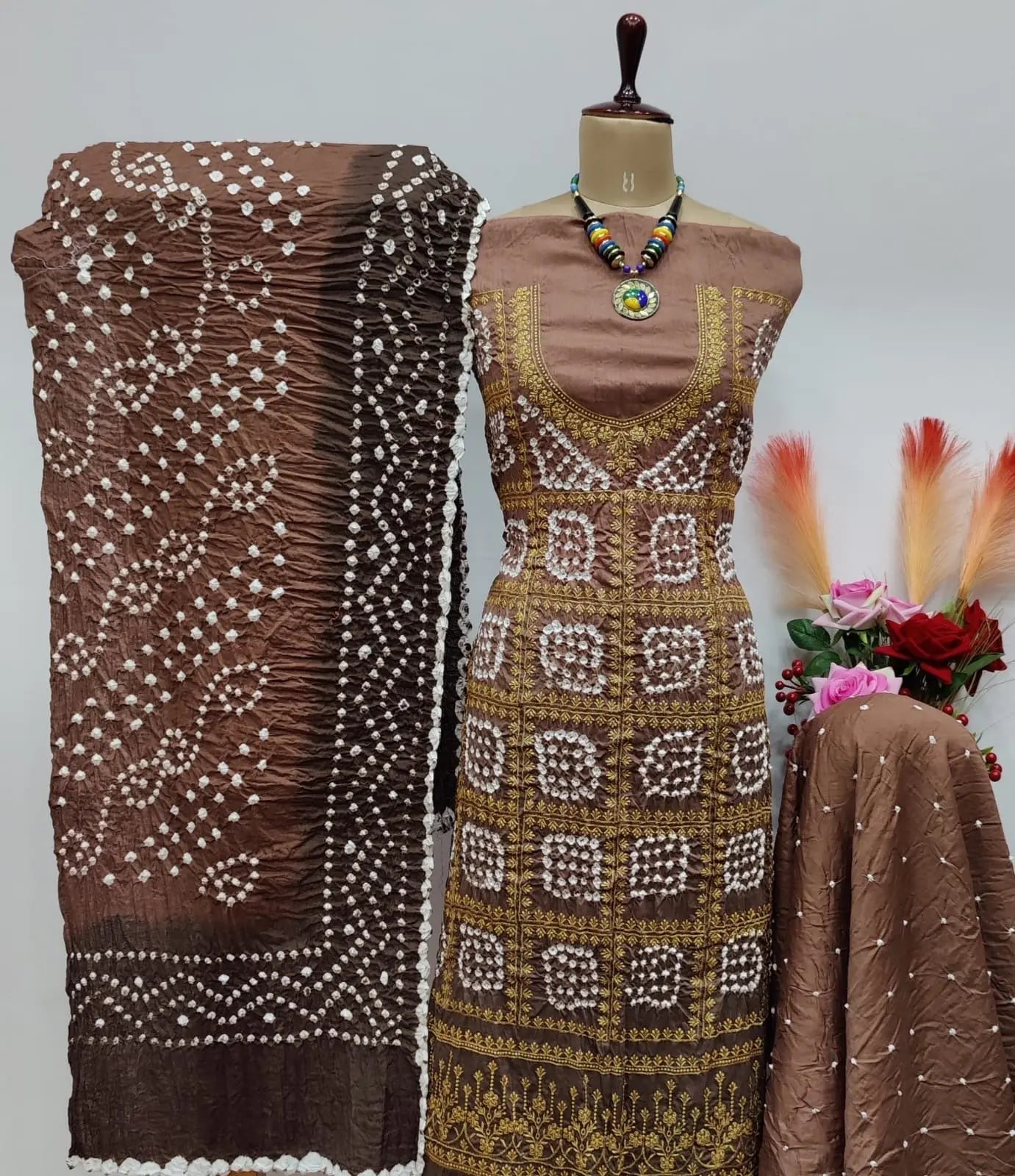 Cotton Satin Golden Thread Embroidery 3pc Kutch Bandhani Salwar Dress Material - Premium  from Ethenika.com - Just INR 2190! Shop now at Ethenika.com 