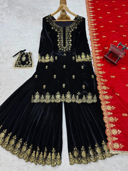 Ethenika Fine Velvet Golden Thread Embroidery work Velvet Kurti Sharara - Premium  from Ethenika.com  - Just INR 4990! Shop now at Ethenika.com 