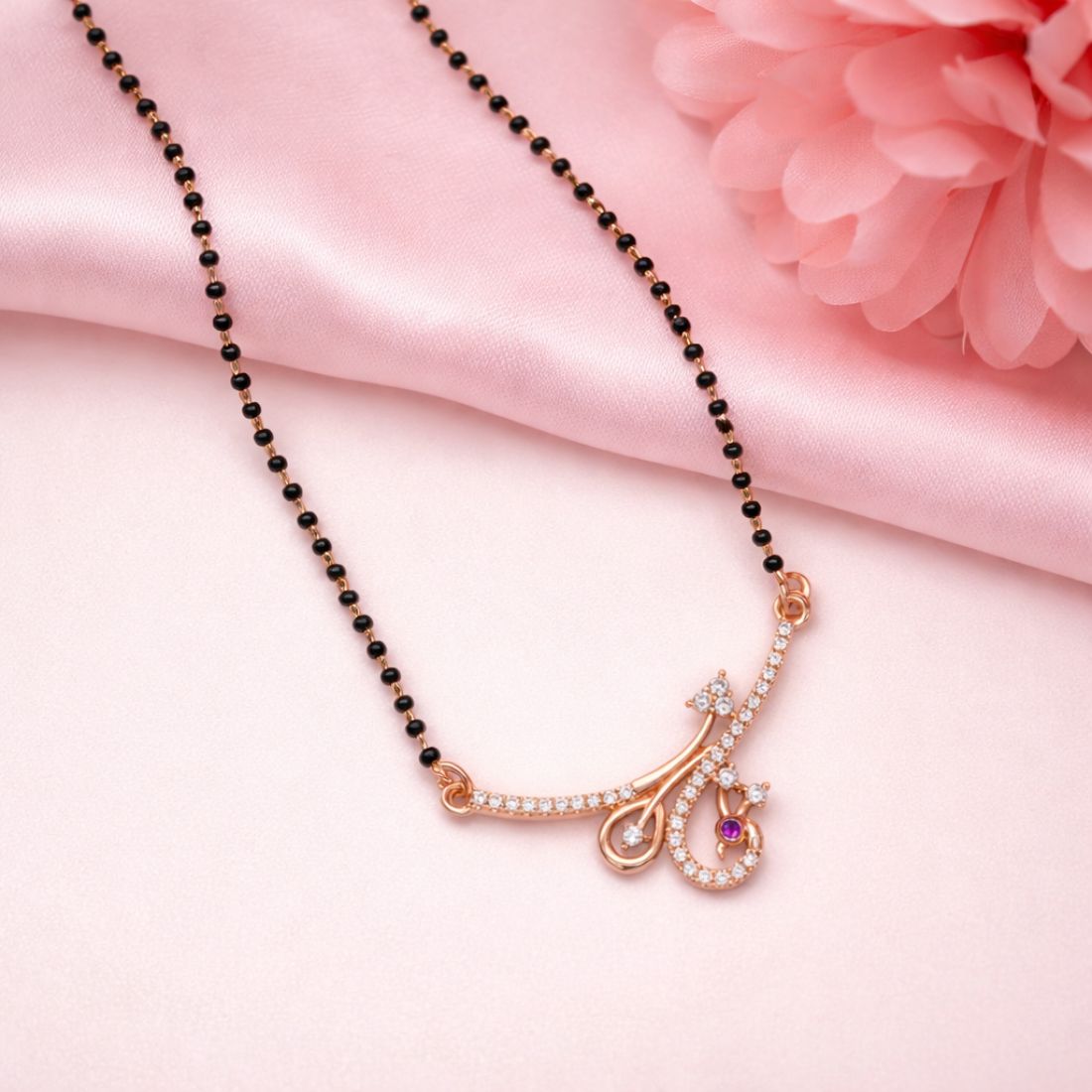 Rose Gold Peacock Mangalsutra With Black Bead Chain