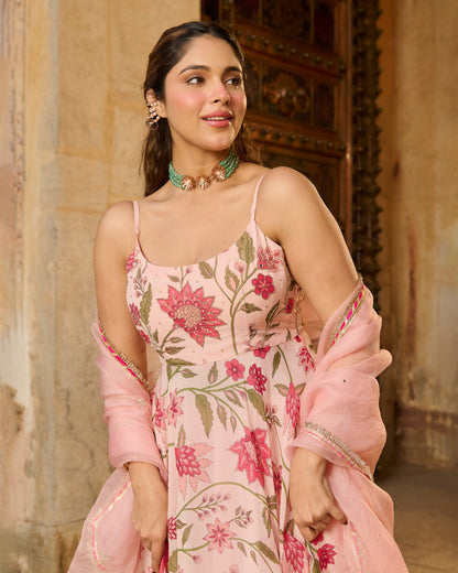 Belle Baby Pink Printed Viscose Organza Suit Set