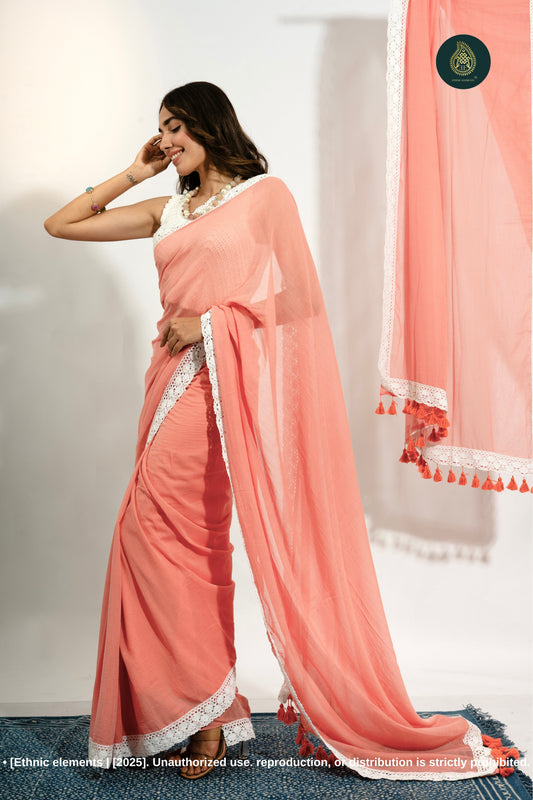 Blush Sunset: Peach Mul Cotton Saree With Crochet Border