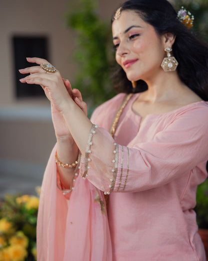 Kaner Pink Handpainted Chanderi Suit Set