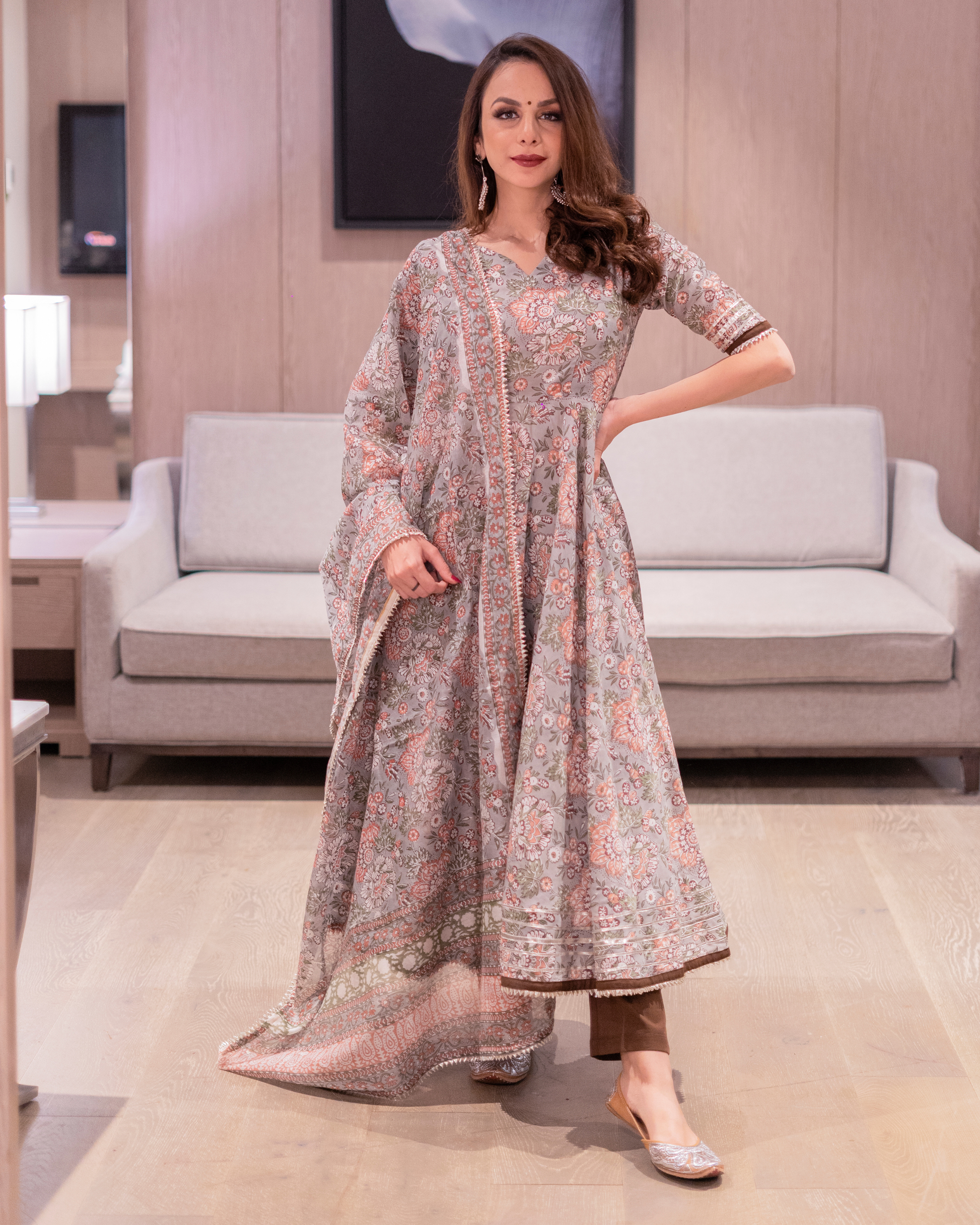Fossil Grey Handblock Gota Suit Set