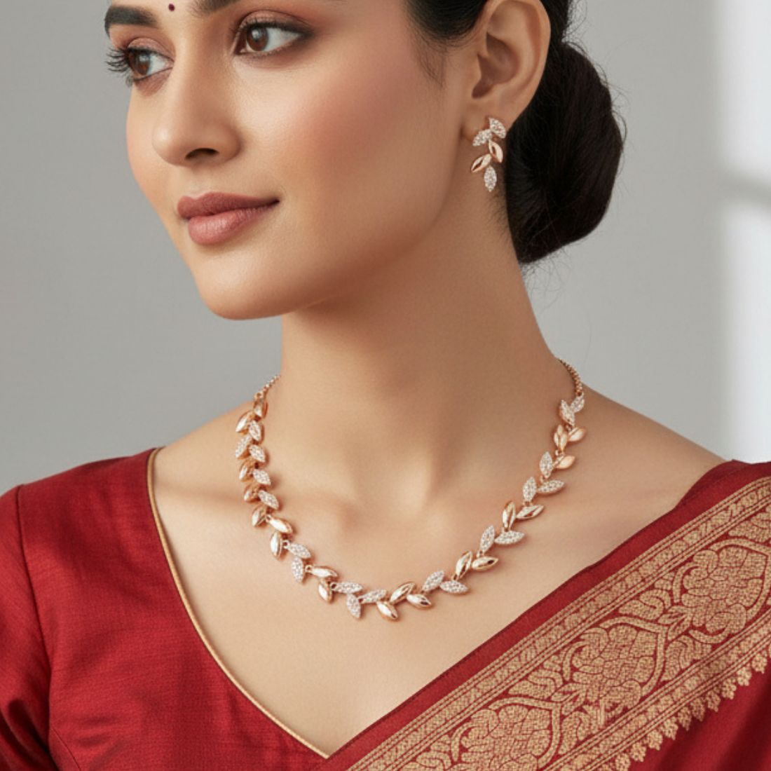 Rose Gold Plated Leaf Design Necklace Set