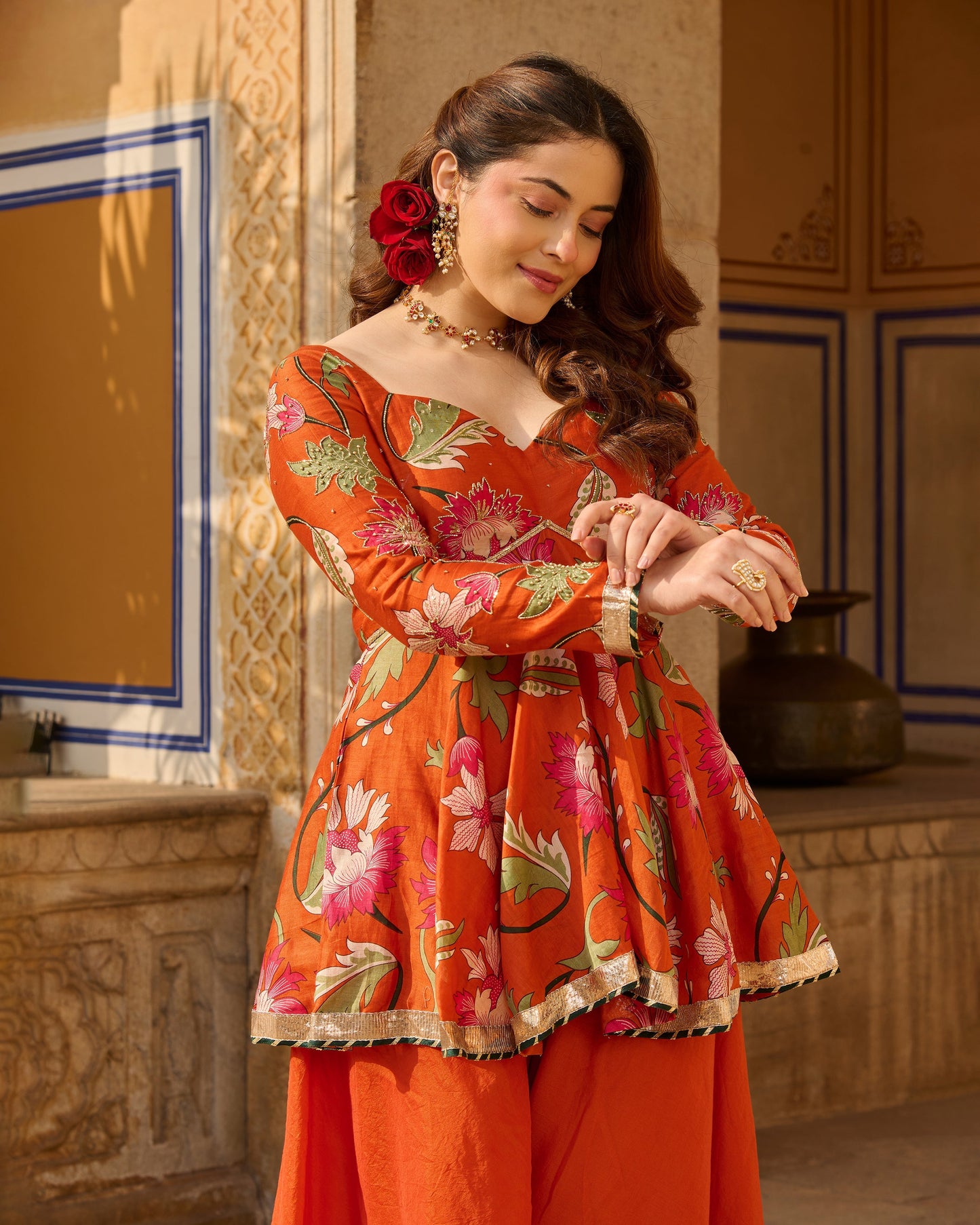 Mehar Orange Printed Chanderi Suit Set