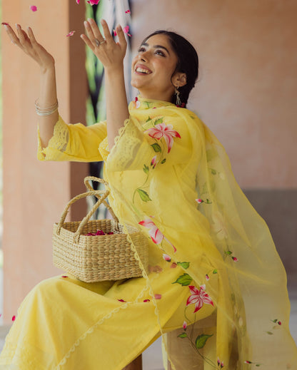 Garden Yellow Handpainted Chanderi Suit Set