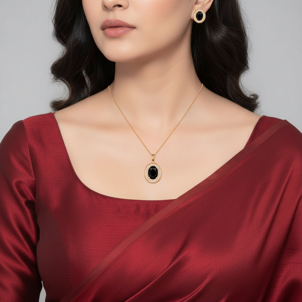 Rose Gold Black Oval Stone Necklace Set for Women And Girls