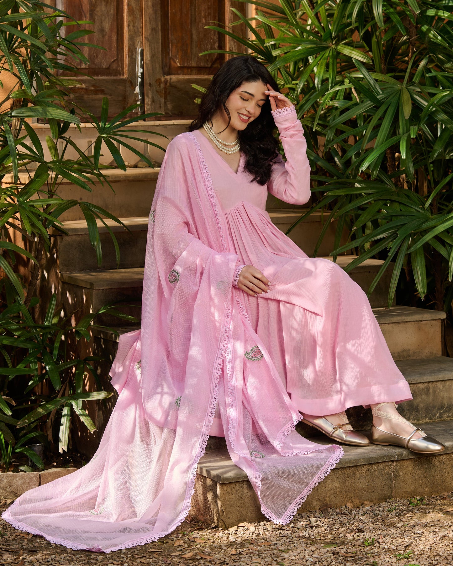 Pero Light Pink Embroidered Cotton Crush Suit Set