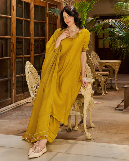Saaz Mustard Embroidered Chanderi Suit Set