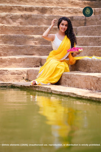 Sunlit Bloom: Yellow Mul Cotton Saree With Crochet Border