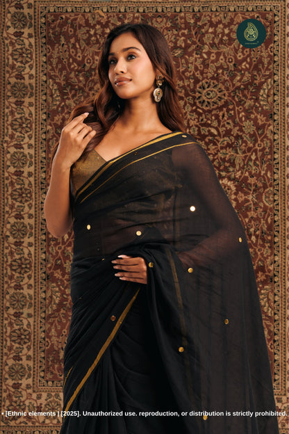 Black Mul Cotton Saree With Gini Work Zari Border