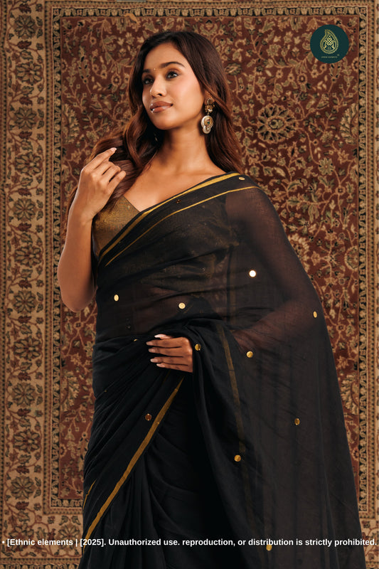 Black Mul Cotton Saree With Gini Work Zari Border