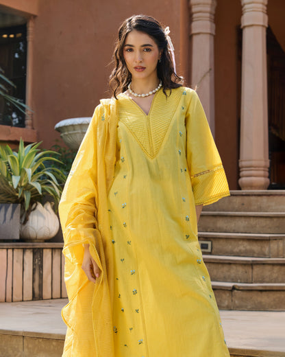Serein Yellow Embroidered Cotton Suit Set