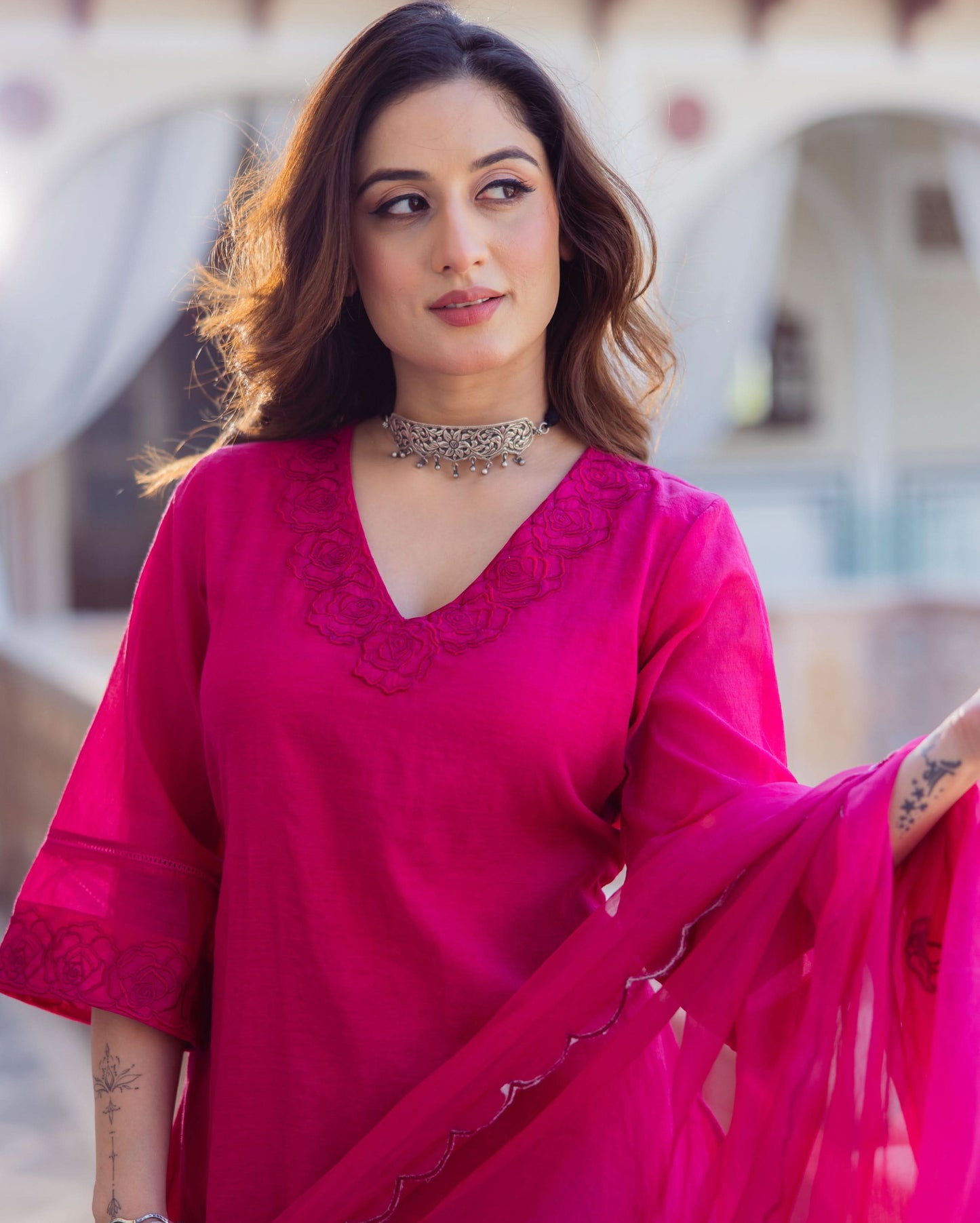 Hanya Magenta Embroidered Chanderi Suit Set
