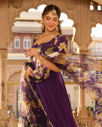 Anjula Purple Printed Crepe Suit Set
