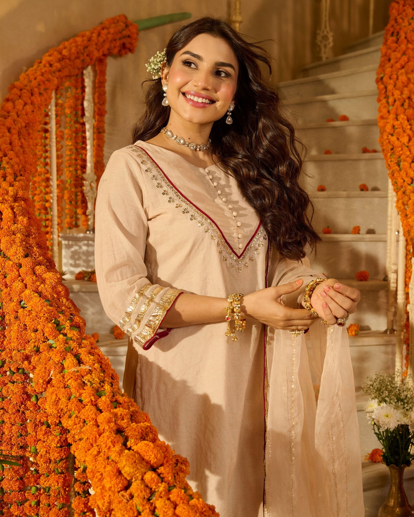 Aarush Beige Solid Chanderi Suit Set