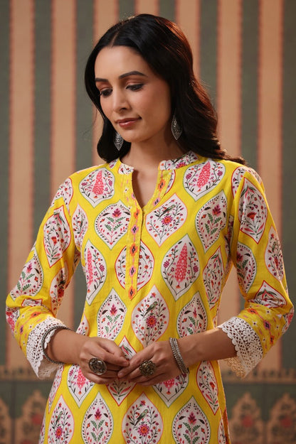 Women Yellow Ethnic Motifs Printed Cotton Straight Kurta