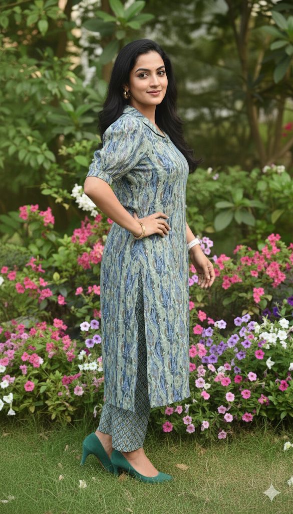 Blue and Sage green Work Cotton Kurti And Bottom