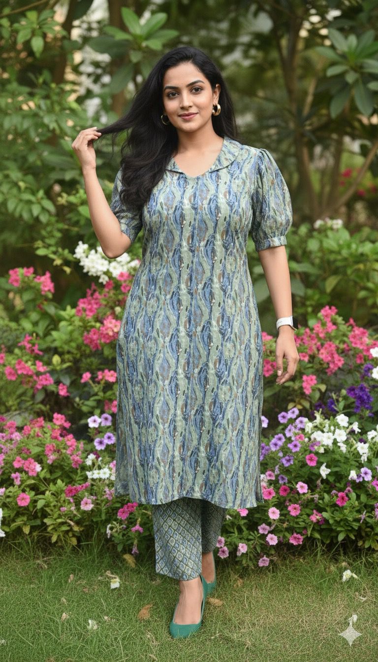 Blue and Sage green Work Cotton Kurti And Bottom