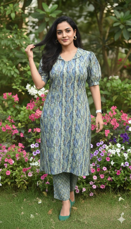 Blue and Sage green Work Cotton Kurti And Bottom
