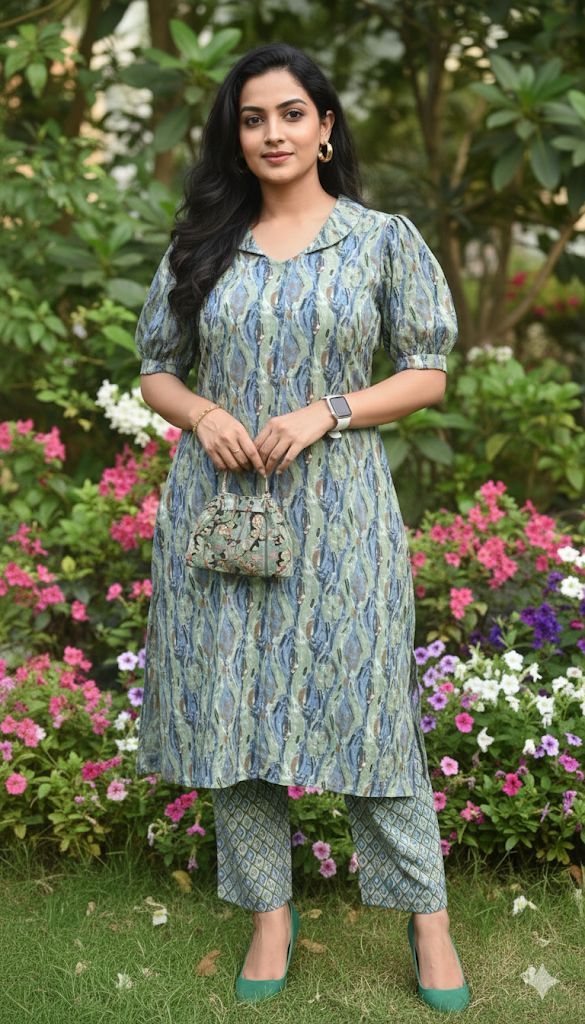 Blue and Sage green Work Cotton Kurti And Bottom
