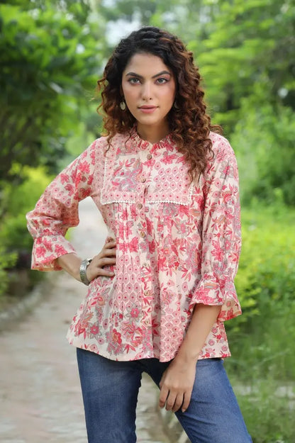 Women Peach Floral Ruffle Top