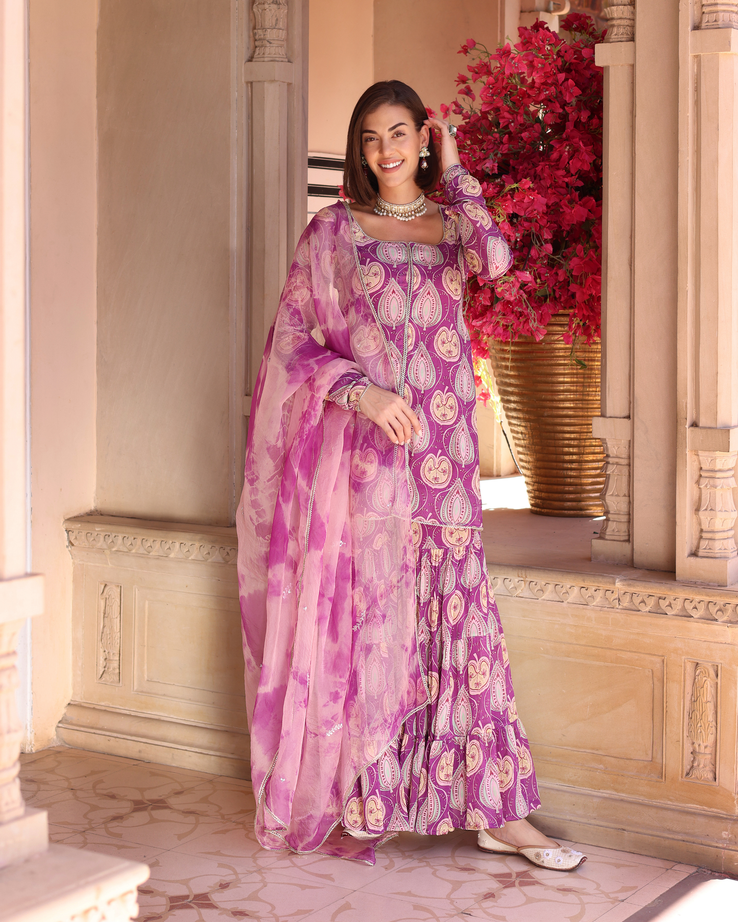 Lilac Floral Fantasy Printed Chinon Sharara Set
