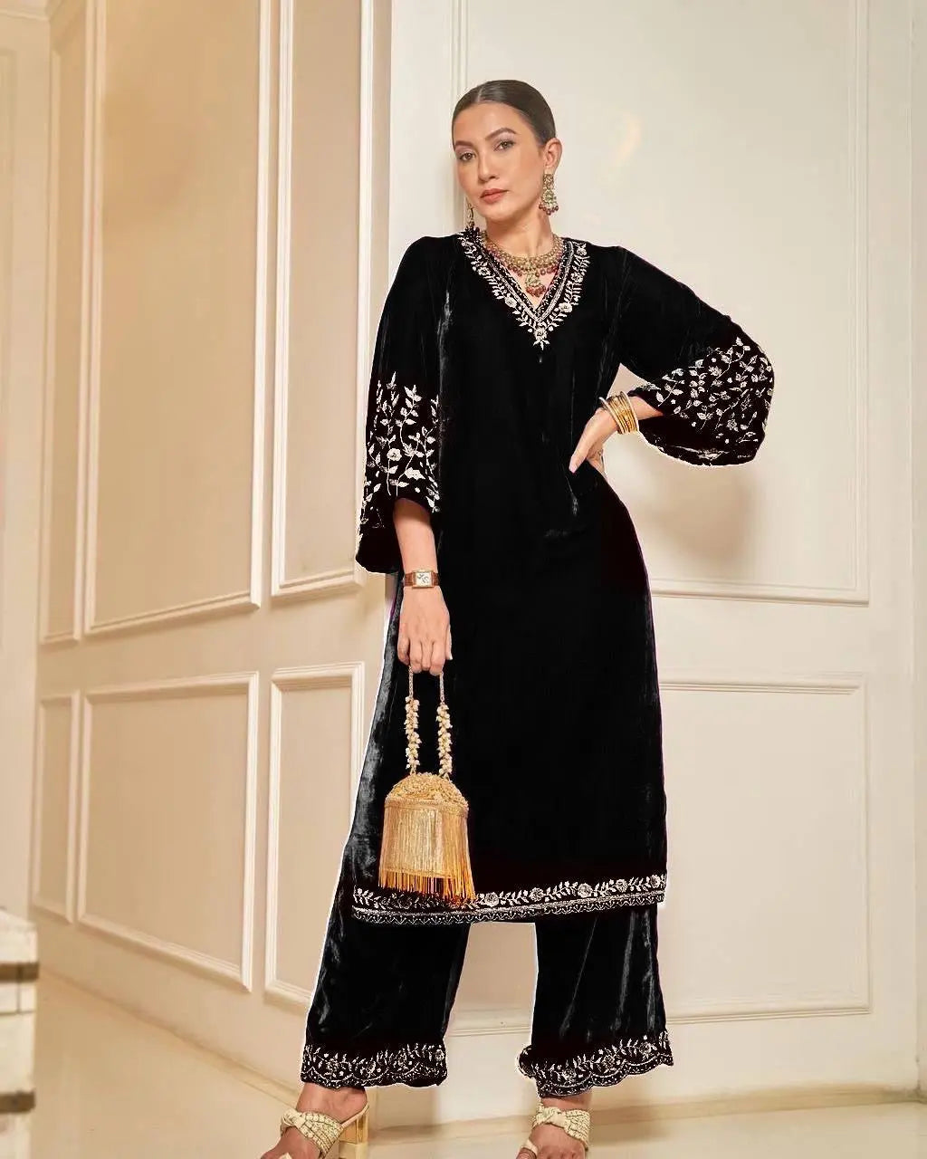 Lace work Velvet Kurti Pant Set ( Stitched) - Premium  from Ethenika.com - Just INR 2190! Shop now at Ethenika.com 
