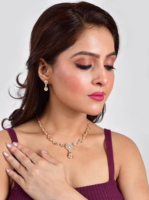 Stylish 18k Rose Gold Plated Ame Chain Pendent Necklace & Earrings Set for Women & Girls, Luxury AD Pendant Gift Set for Women, Girls & Her