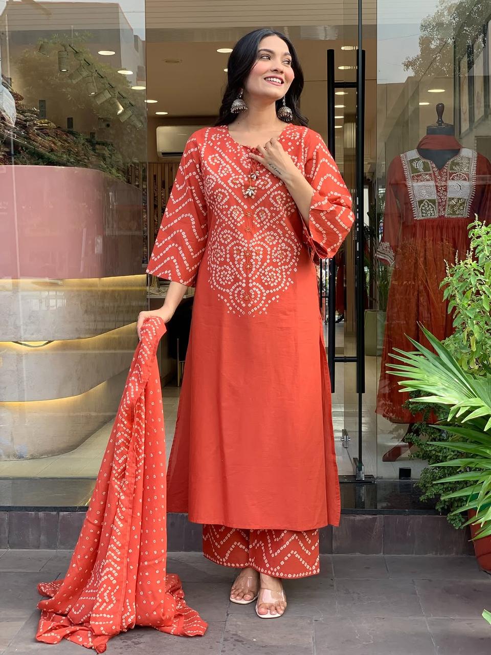 Ethenika Trending Mirror Work Bandhani 3Pc Kurti Pant Dupatta Set