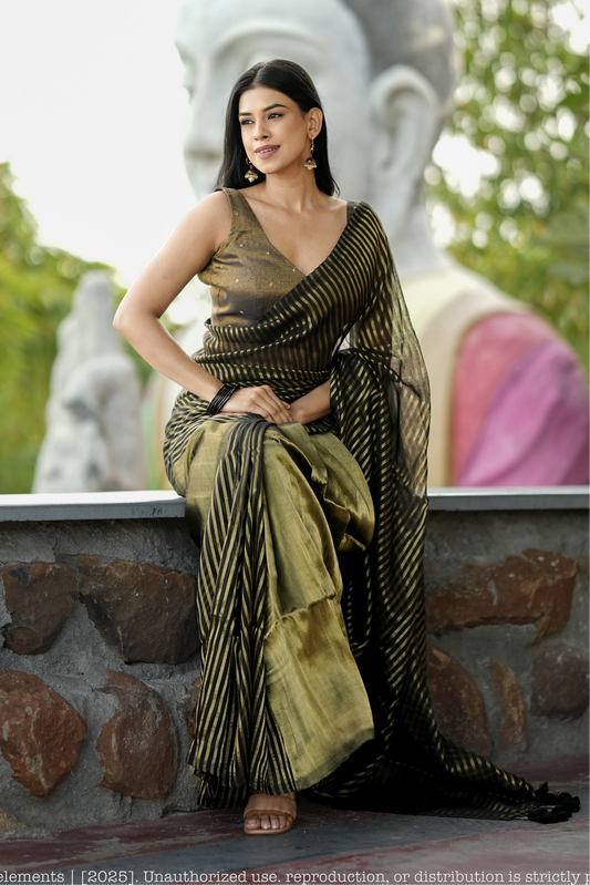 Mul Cotton Tissue Black And Olive-Gold Striped Saree Obsidian Panel