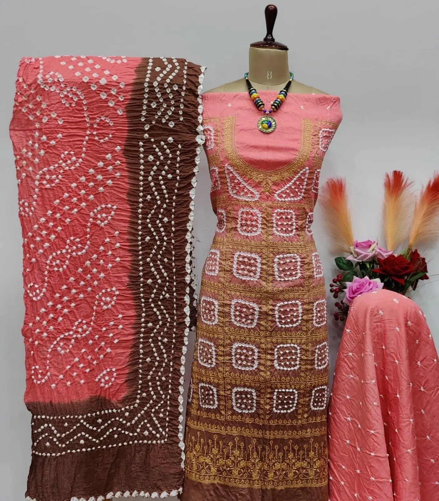 Cotton Satin Golden Thread Embroidery 3pc Kutch Bandhani Salwar Dress Material - Premium  from Ethenika.com - Just INR 2190! Shop now at Ethenika.com 