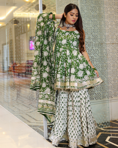 Green Butterfly Handblock Sharara Set