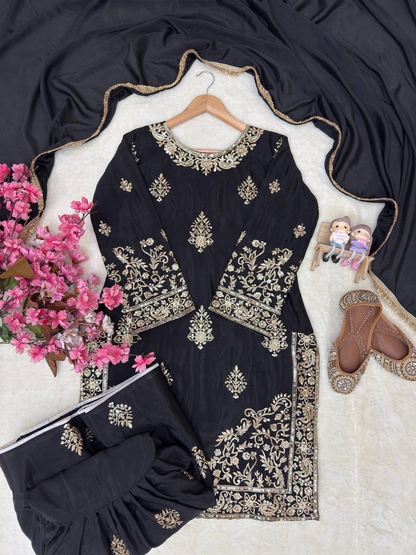 Chinon Silk Designer Kurti Sharara Dupatta Set