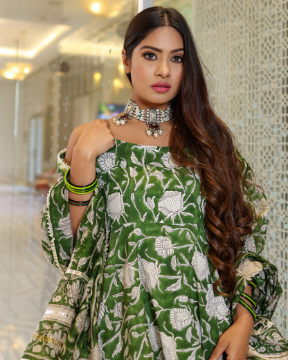 Green Butterfly Handblock Sharara Set