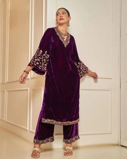 Lace work Velvet Kurti Pant Set ( Stitched) - Premium  from Ethenika.com - Just INR 2190! Shop now at Ethenika.com 