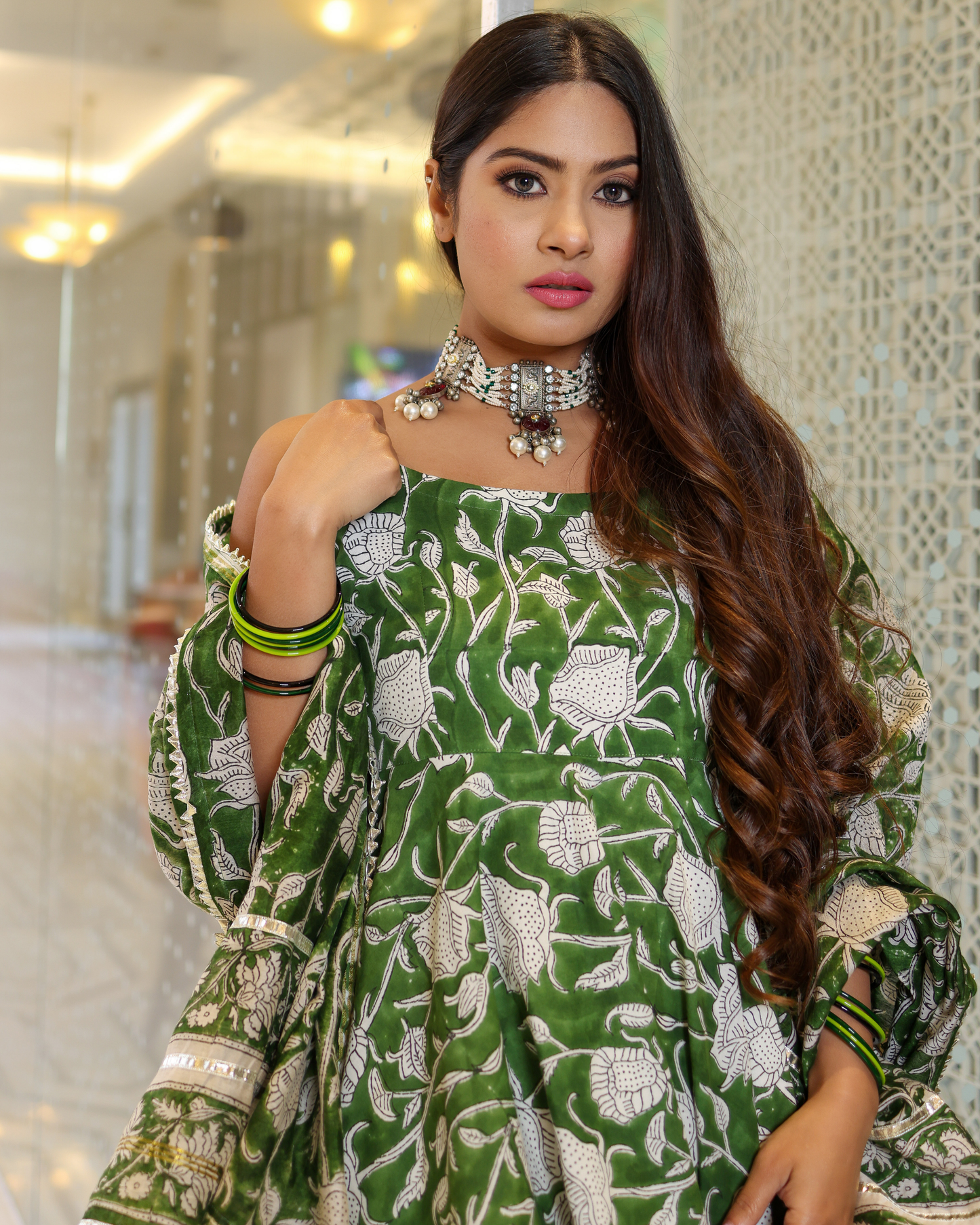 Green Butterfly Handblock Sharara Set