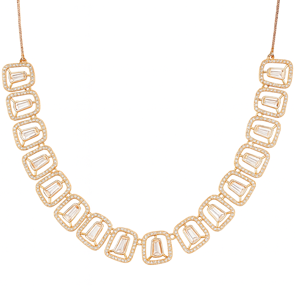 Rose Gold Plated American Diamond Necklace & Earrings Set