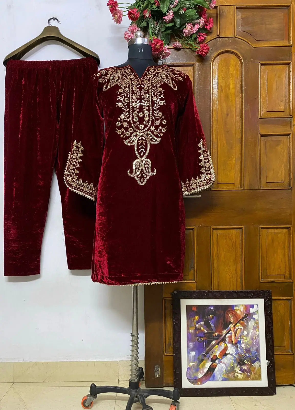 Neck Embroidery work Velvet Kurti Pant Set (Stitched) - Premium  from Ethenika.com - Just INR 2190! Shop now at Ethenika.com 