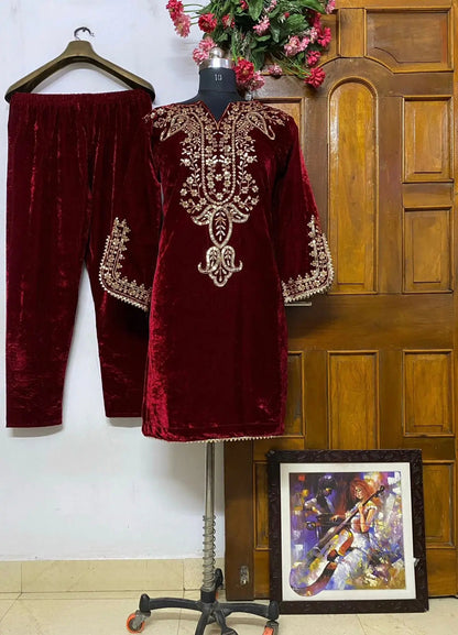 Neck Embroidery work Velvet Kurti Pant Set (Stitched) - Premium  from Ethenika.com - Just INR 2190! Shop now at Ethenika.com 