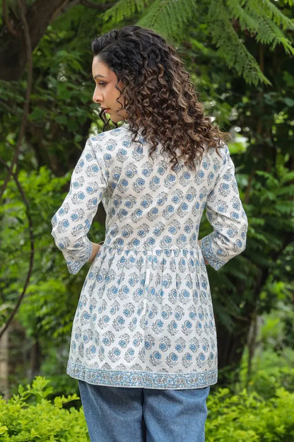 Blue Floral Printed Pure Cotton A-Line Top