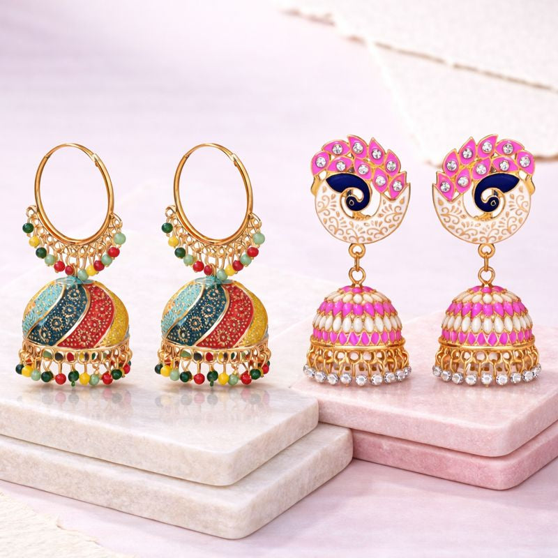 Handmade Alloy Dome Shaped Jhumka Earrings, Ethnic Jhumki Collection for Women and Girls (Combo), Multicolur-Pink