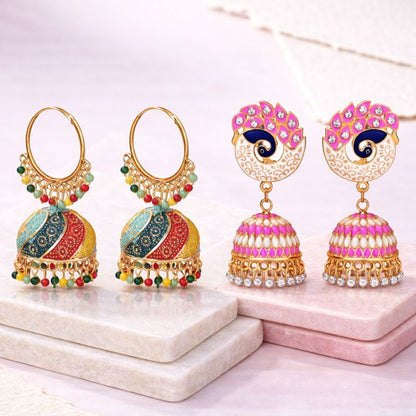 Handmade Alloy Dome Shaped Jhumka Earrings, Ethnic Jhumki Collection for Women and Girls (Combo), Multicolur-Pink