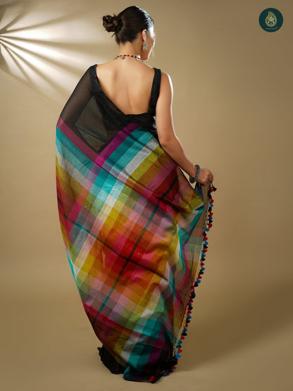 Woven Handloom Cotton Saree Rainbow Series - Black Magic