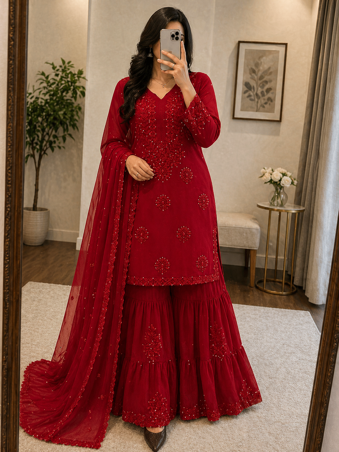 Faux Georgette Chikankari Kurti Sharara Dupatta Set