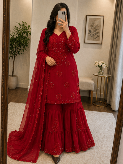 Faux Georgette Chikankari Kurti Sharara Dupatta Set